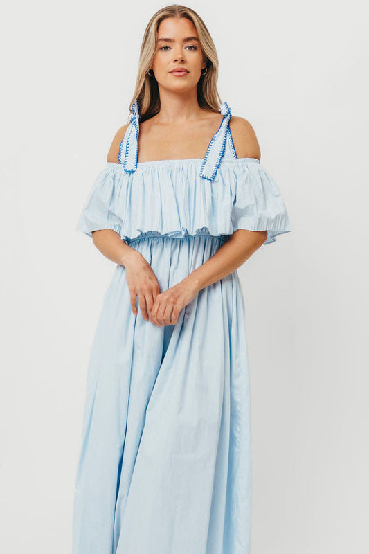 Aviva 100% Cotton Pleated Off-Shoulder Midi Dress in Light Blue