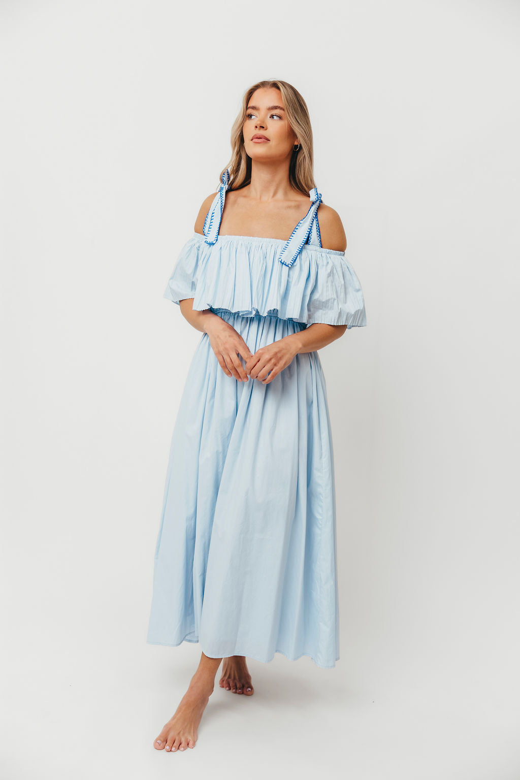 Aviva 100% Cotton Pleated Off-Shoulder Midi Dress in Light Blue