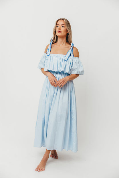 Aviva 100% Cotton Pleated Off-Shoulder Midi Dress in Light Blue