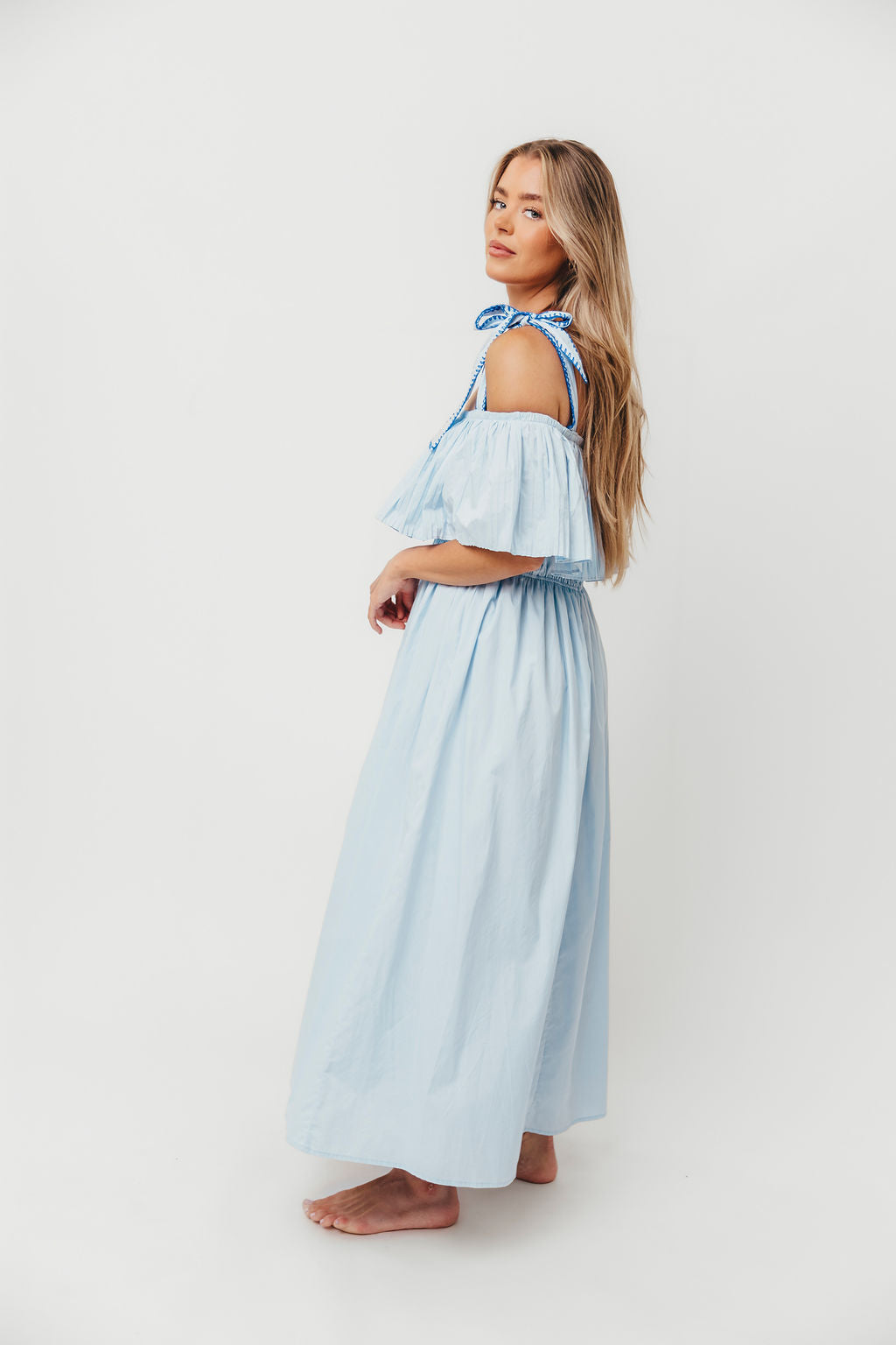Aviva 100% Cotton Pleated Off-Shoulder Midi Dress in Light Blue