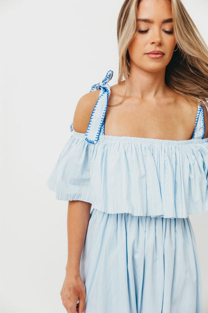 Aviva 100% Cotton Pleated Off-Shoulder Midi Dress in Light Blue