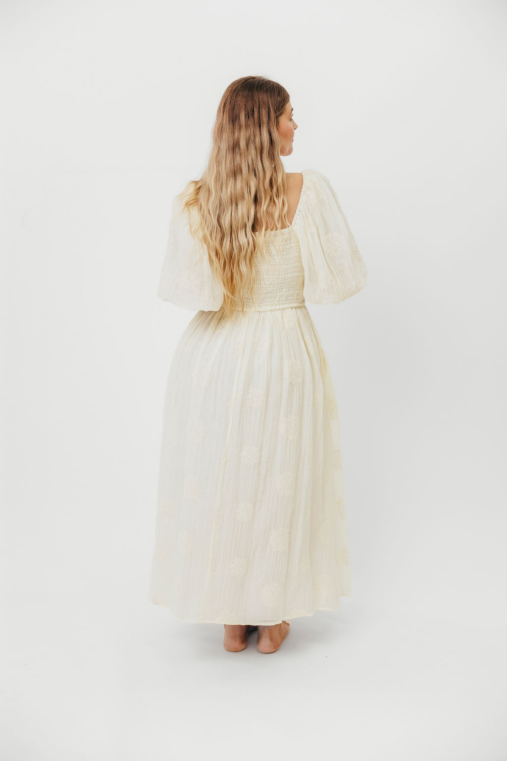 Aimee Smocked Embroidered Floral Midi Dress in Ivory