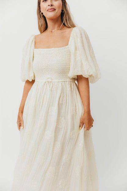 Aimee Smocked Embroidered Floral Midi Dress in Ivory