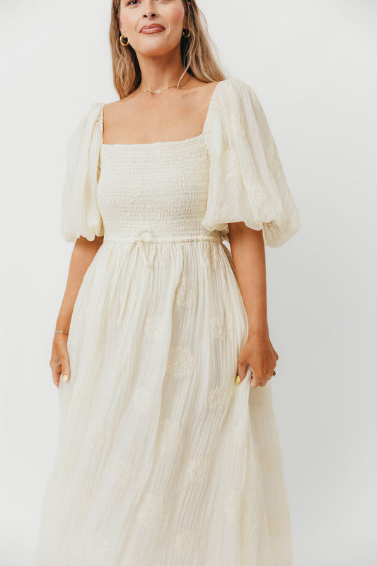 Aimee Smocked Embroidered Floral Midi Dress in Ivory