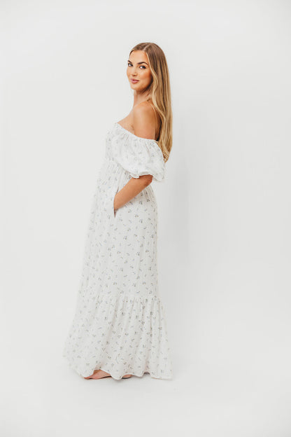Livvy 100% Cotton Maxi Dress in Off-White / Blue Floral - Bump Friendly & Inclusive Sizing