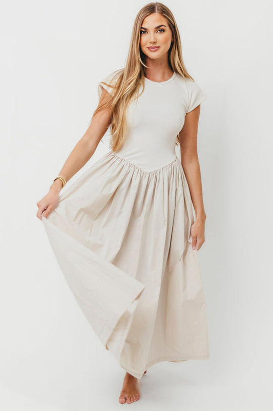 Dolores Rib and Woven Skirt Combo Dress in Cream