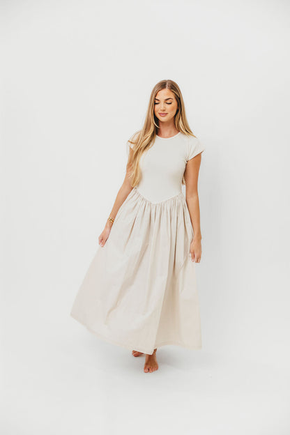 Dolores Rib and Woven Skirt Combo Dress in Cream