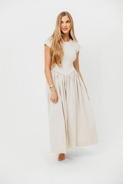 Dolores Rib and Woven Skirt Combo Dress in Cream
