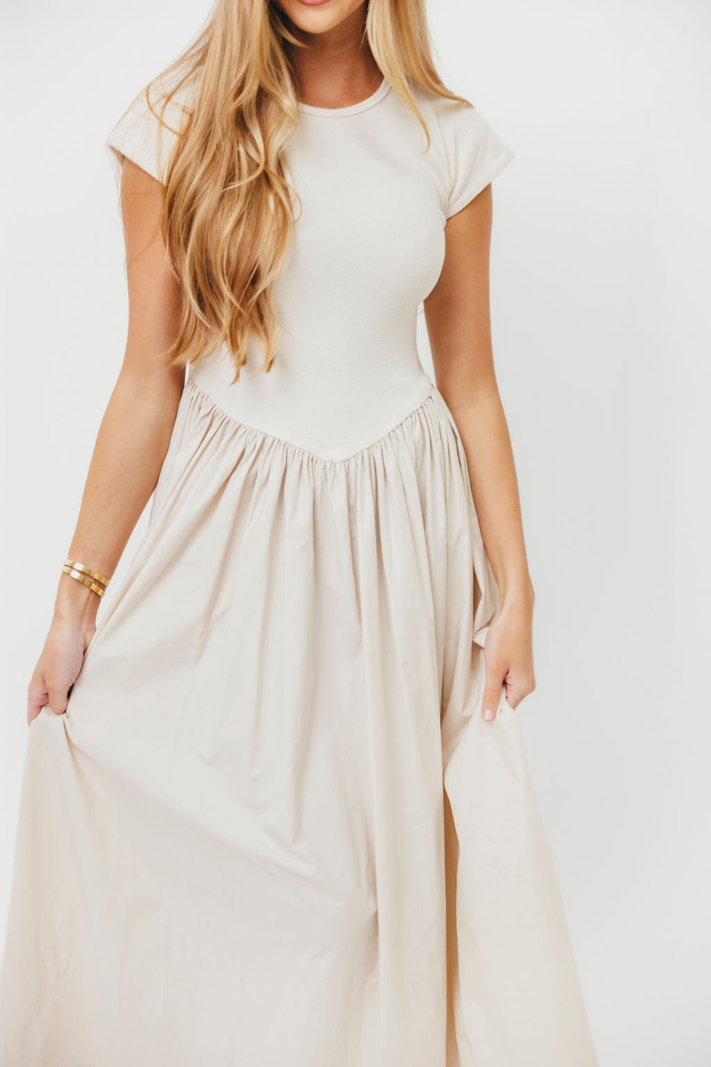 Dolores Rib and Woven Skirt Combo Dress in Cream