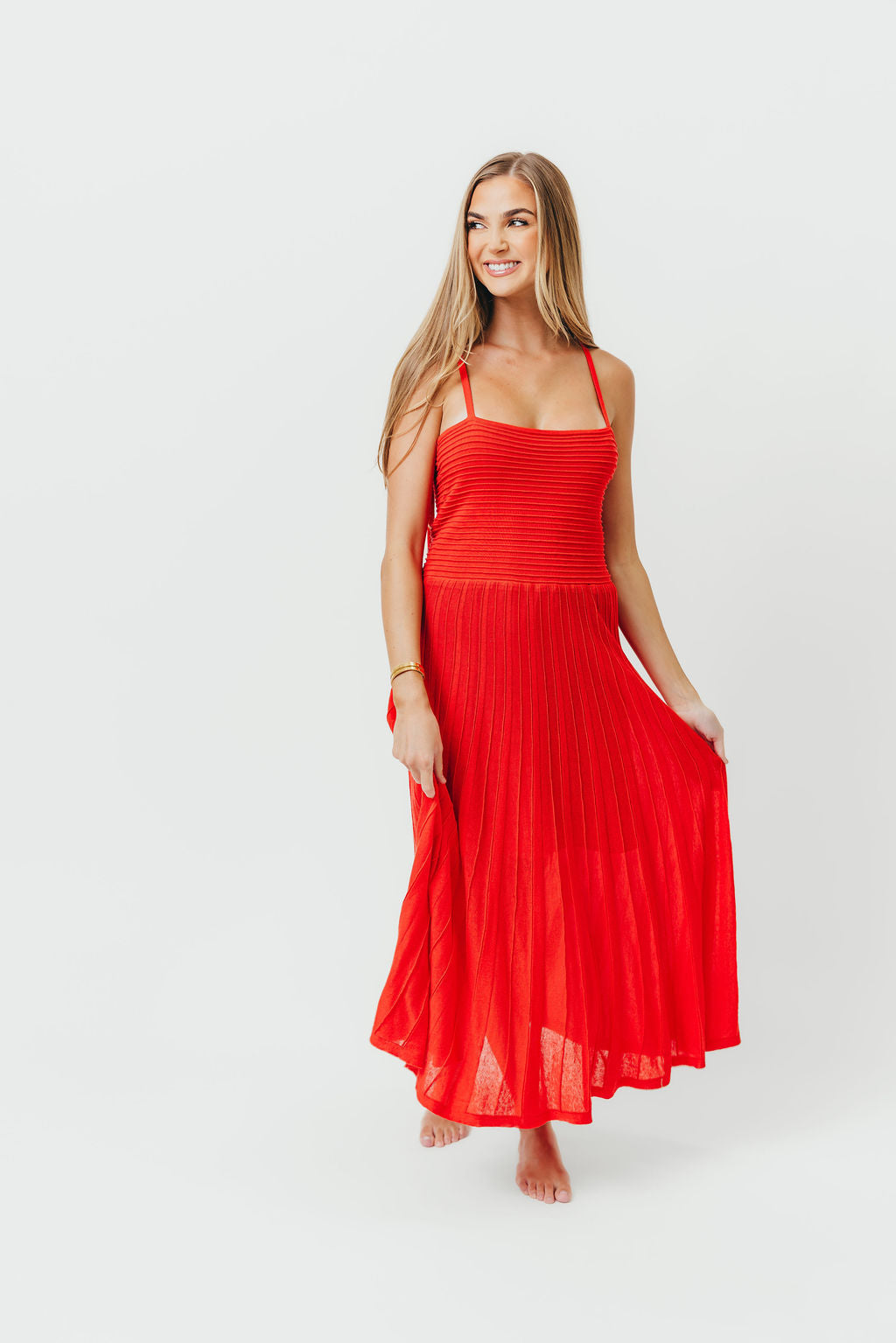 Holly Mixed Media Midi Dress in Poppy
