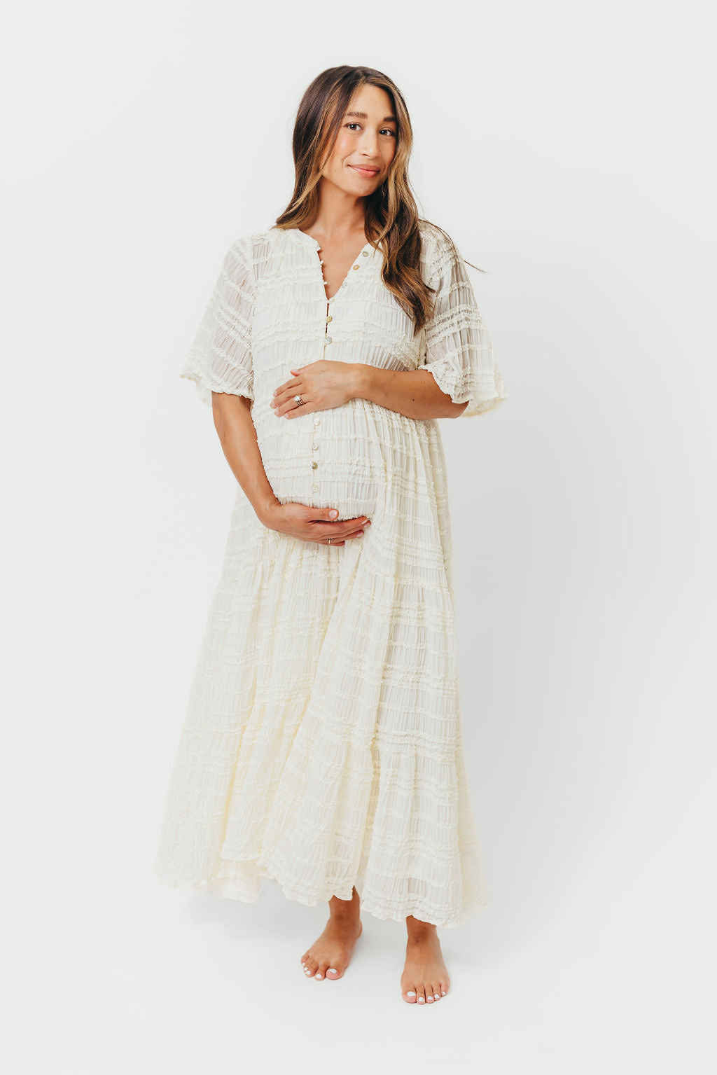 Kristin Tiered Woven Maxi Dress with Detachable Liner in Ivory - Bump Friendly