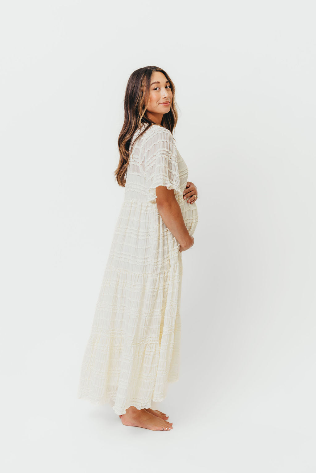 Kristin Tiered Woven Maxi Dress with Detachable Liner in Ivory - Bump Friendly