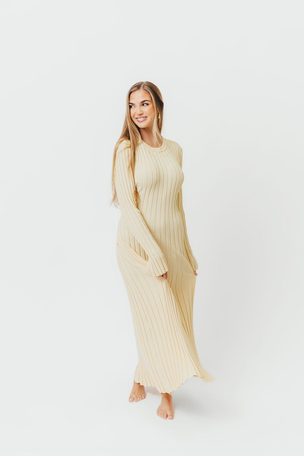 Colette Premium Long Sleeved Ribbed Knit Maxi Dress in Butter Yellow  - Bump Friendly