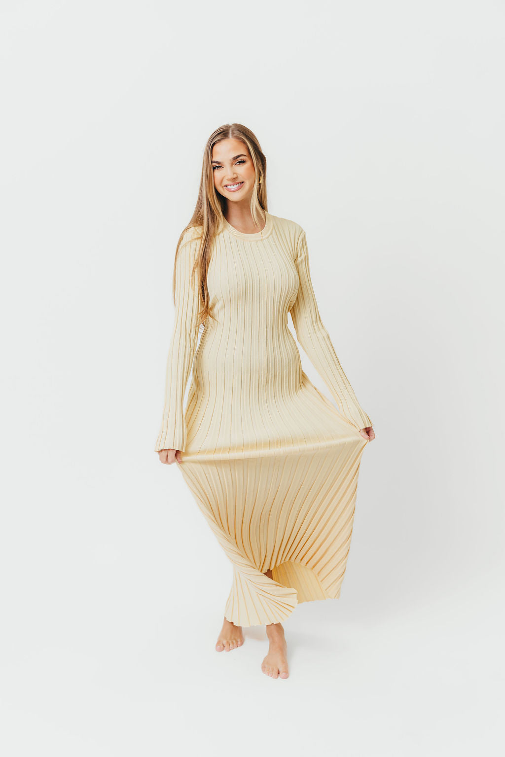 Colette Premium Long Sleeved Ribbed Knit Maxi Dress in Butter Yellow  - Bump Friendly