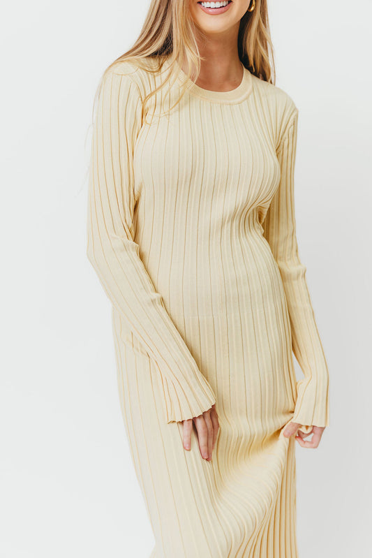Colette Premium Long Sleeved Ribbed Knit Maxi Dress in Butter Yellow  - Bump Friendly