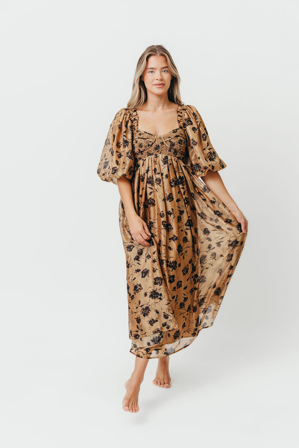 Harlow Camel & Black Floral Maxi Dress with Stretchy Neckline - Bump Friendly