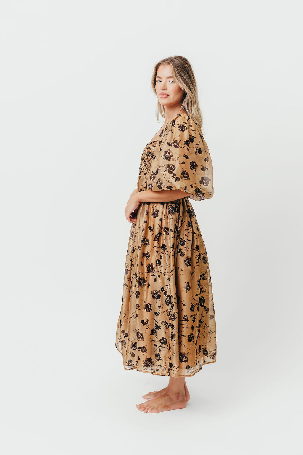 Harlow Camel & Black Floral Maxi Dress with Stretchy Neckline - Bump Friendly