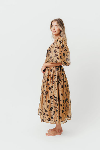 Harlow Camel & Black Floral Maxi Dress with Stretchy Neckline - Bump Friendly