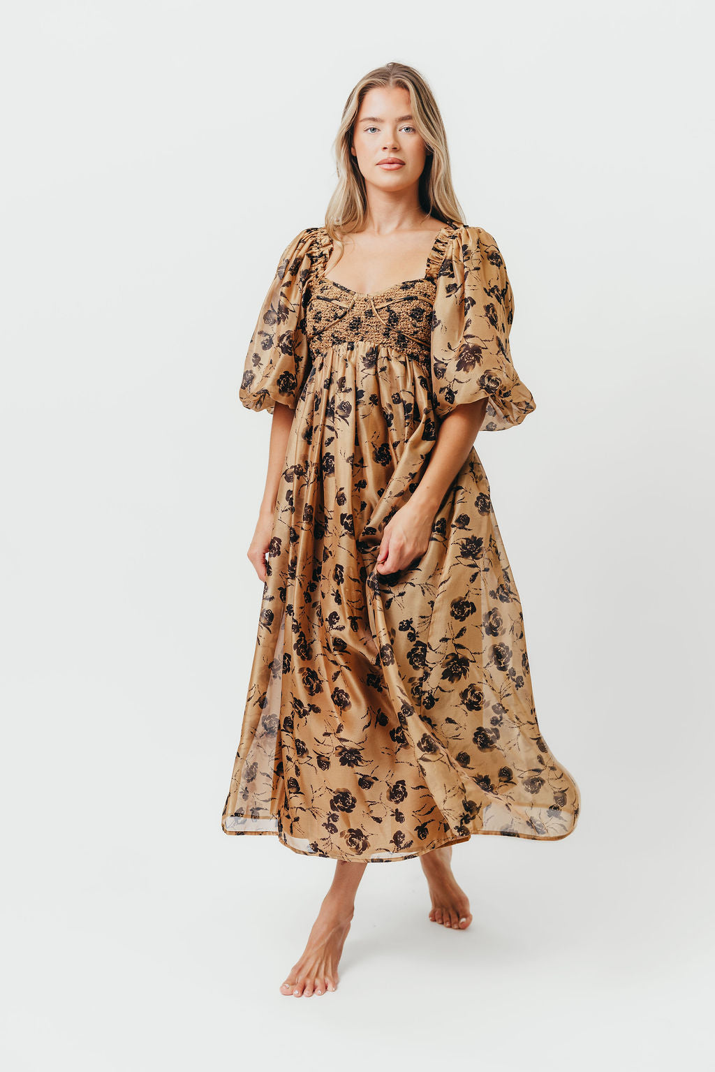 Harlow Camel & Black Floral Maxi Dress with Stretchy Neckline - Bump Friendly