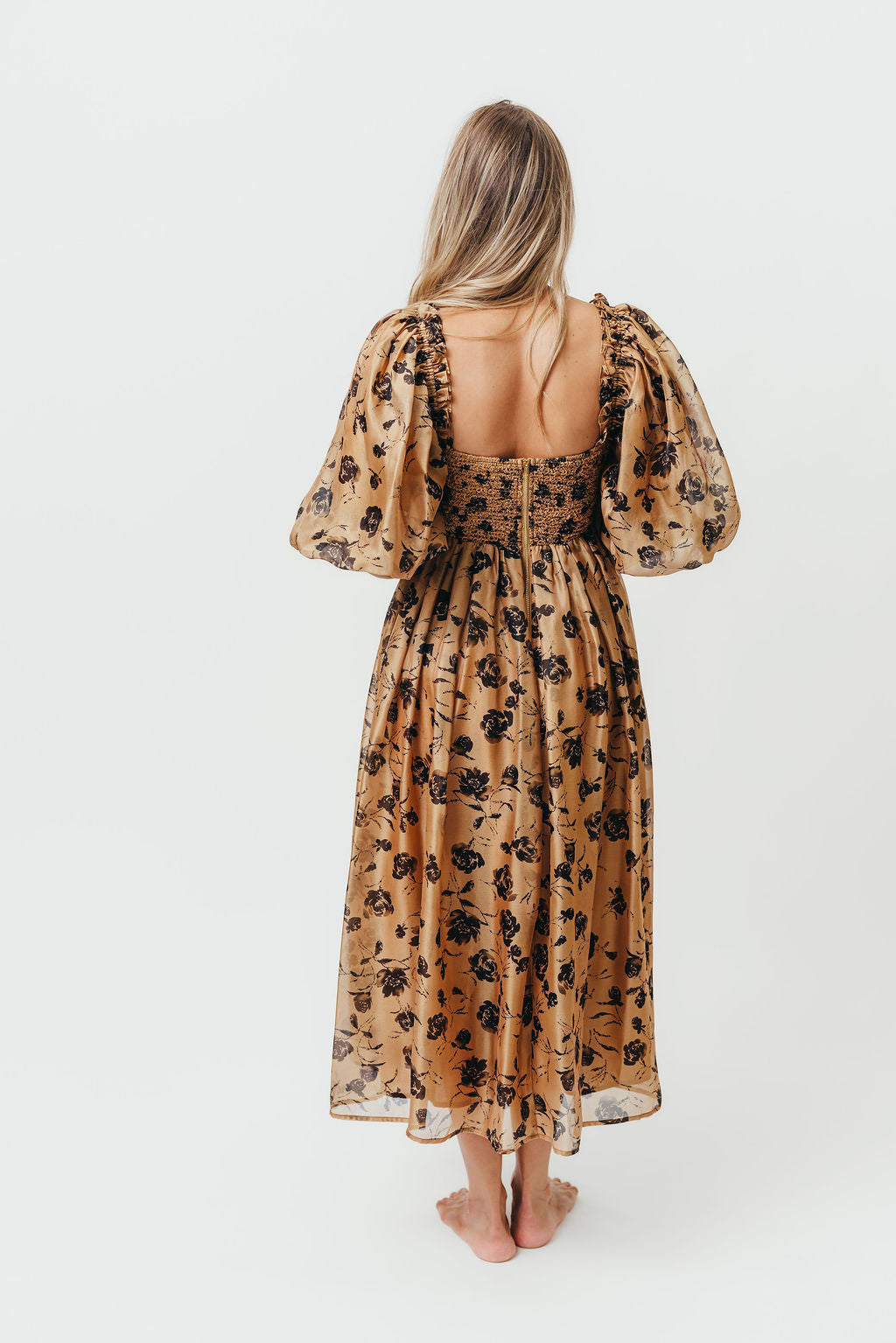 Harlow Camel & Black Floral Maxi Dress with Stretchy Neckline - Bump Friendly