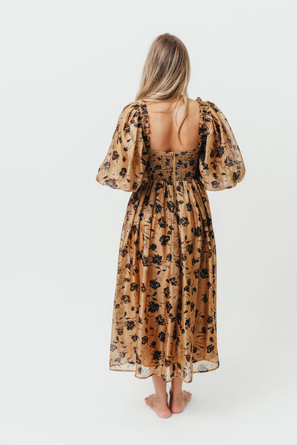 Harlow Camel & Black Floral Maxi Dress with Stretchy Neckline - Bump Friendly