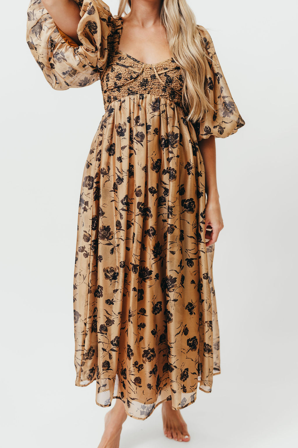 Harlow Camel & Black Floral Maxi Dress with Stretchy Neckline - Bump Friendly