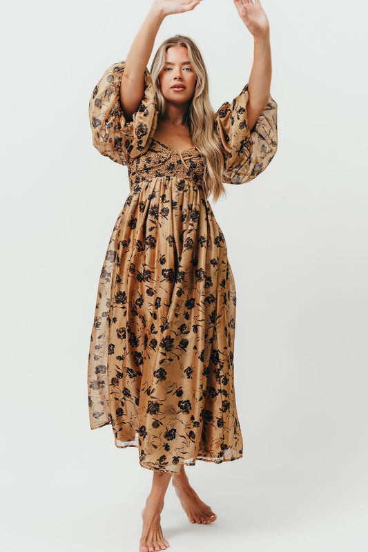 Harlow Camel & Black Floral Maxi Dress with Stretchy Neckline - Bump Friendly