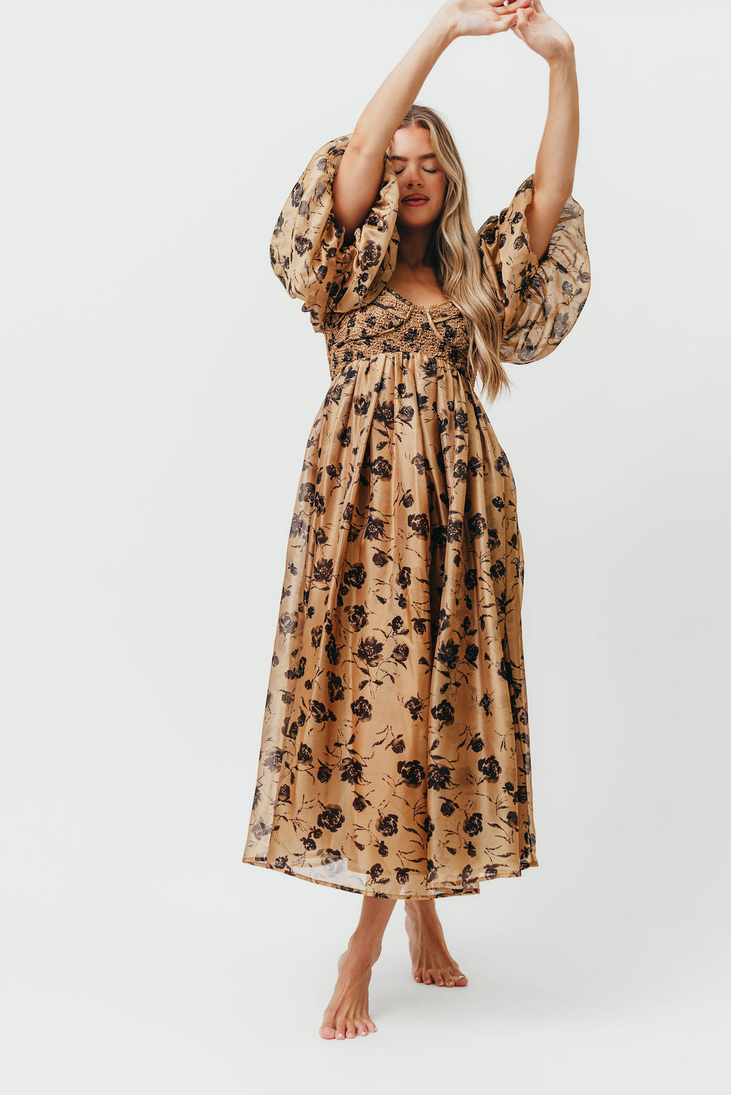Harlow Camel & Black Floral Maxi Dress with Stretchy Neckline - Bump Friendly