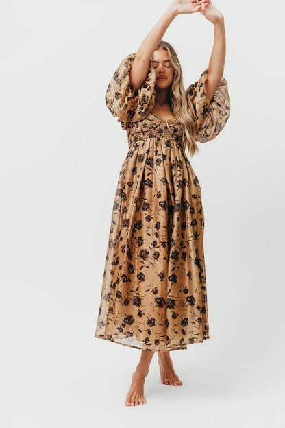 Harlow Camel & Black Floral Maxi Dress with Stretchy Neckline - Bump Friendly