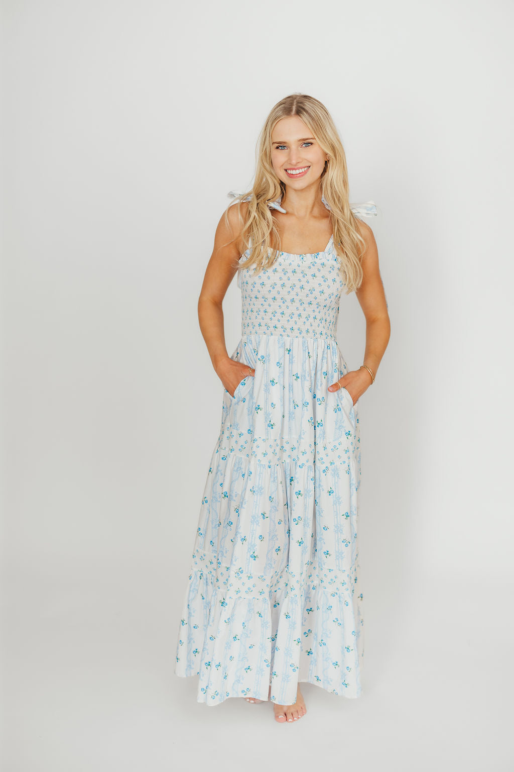 Kathryn Tie Shoulder Maxi Dress in Ivory/Blue Floral
