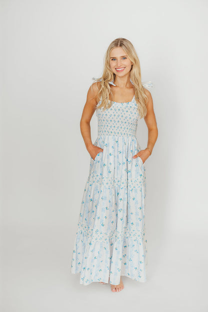 Kathryn Tie Shoulder Maxi Dress in Ivory/Blue Floral
