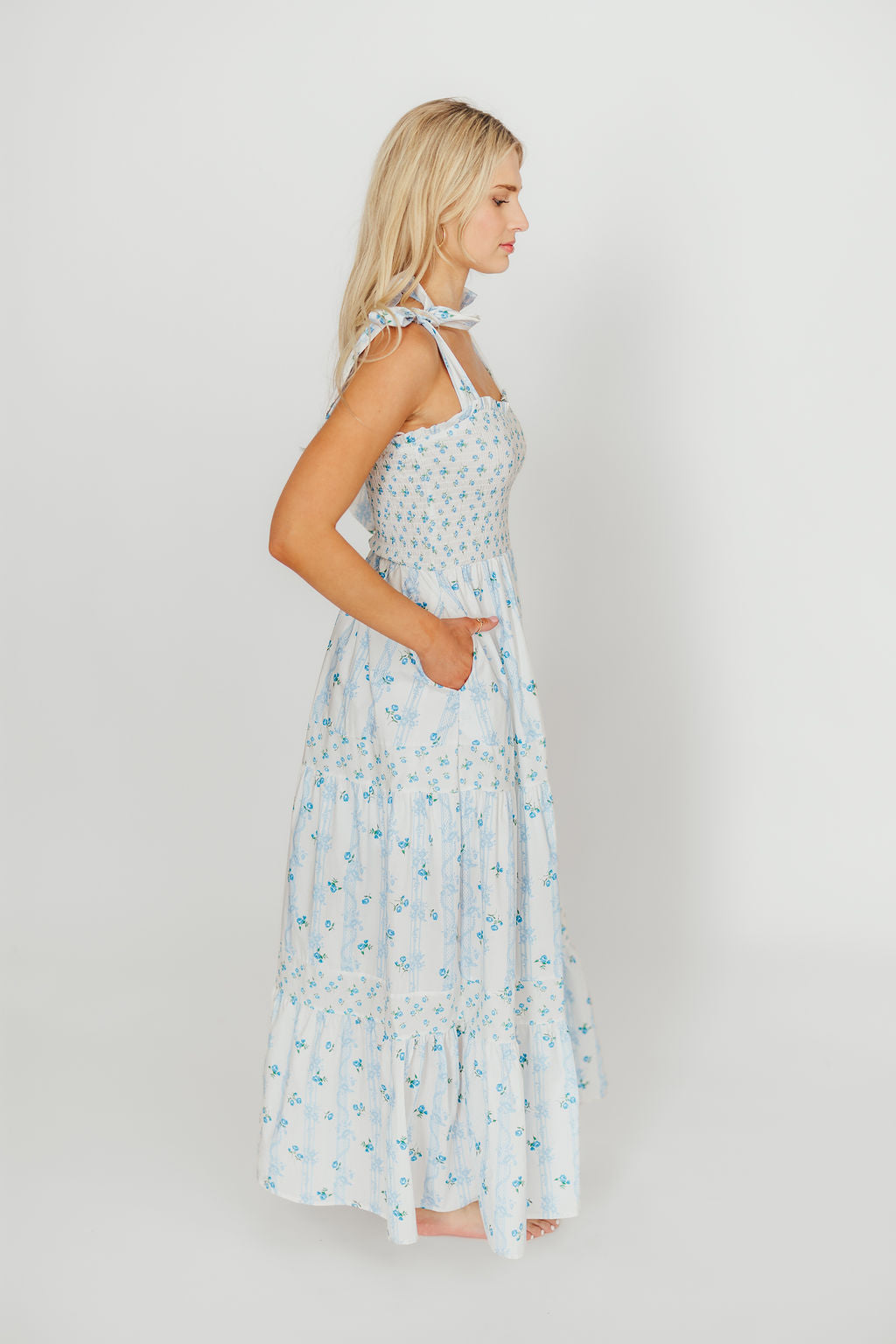 Kathryn Tie Shoulder Maxi Dress in Ivory/Blue Floral