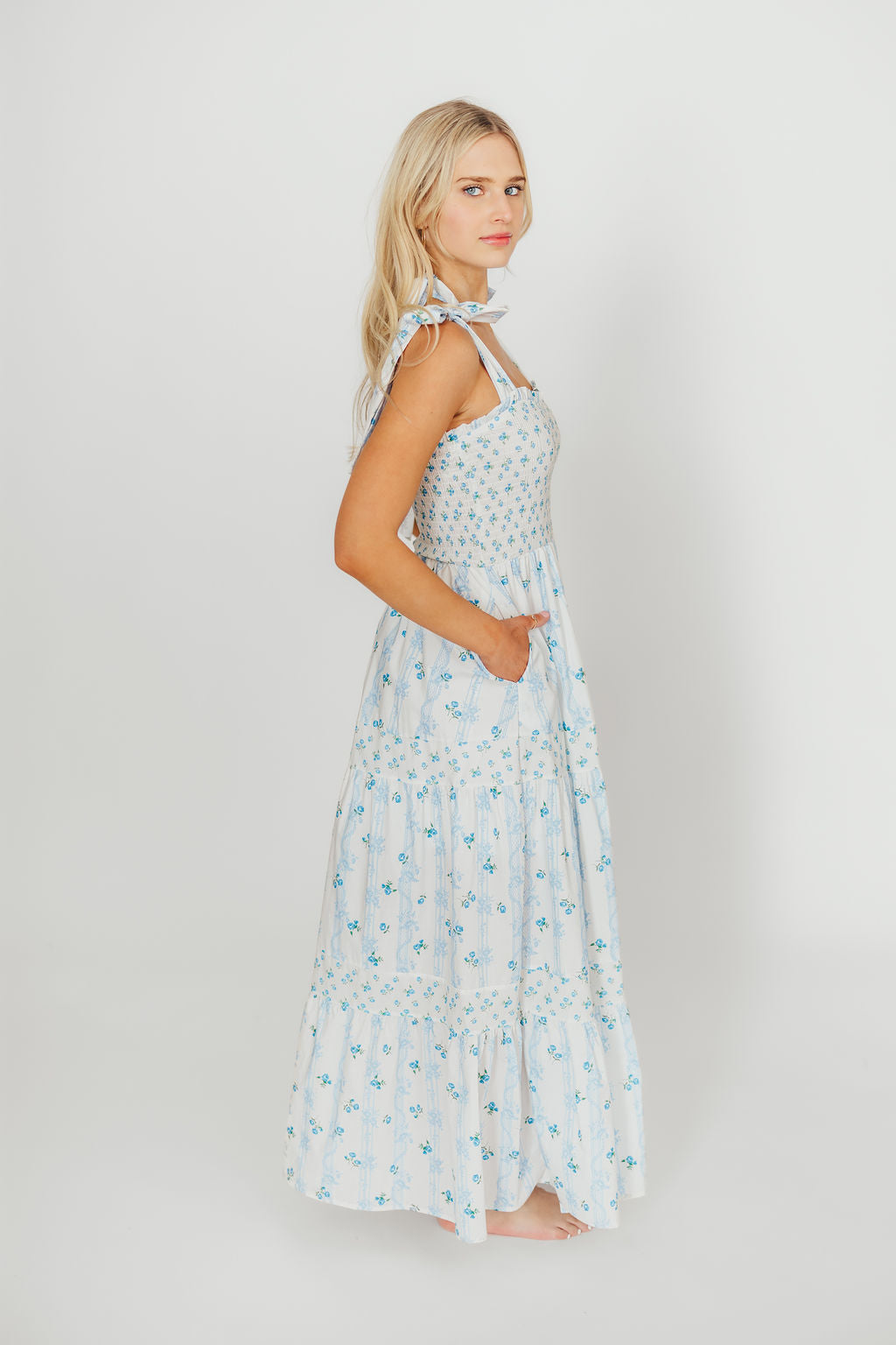 Kathryn Tie Shoulder Maxi Dress in Ivory/Blue Floral