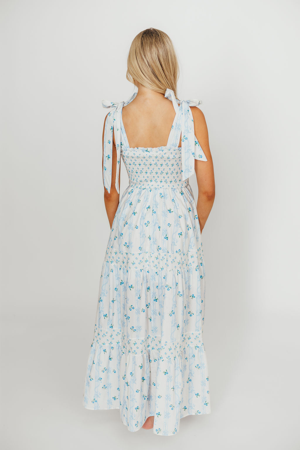 Kathryn Tie Shoulder Maxi Dress in Ivory/Blue Floral