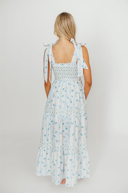 Kathryn Tie Shoulder Maxi Dress in Ivory/Blue Floral
