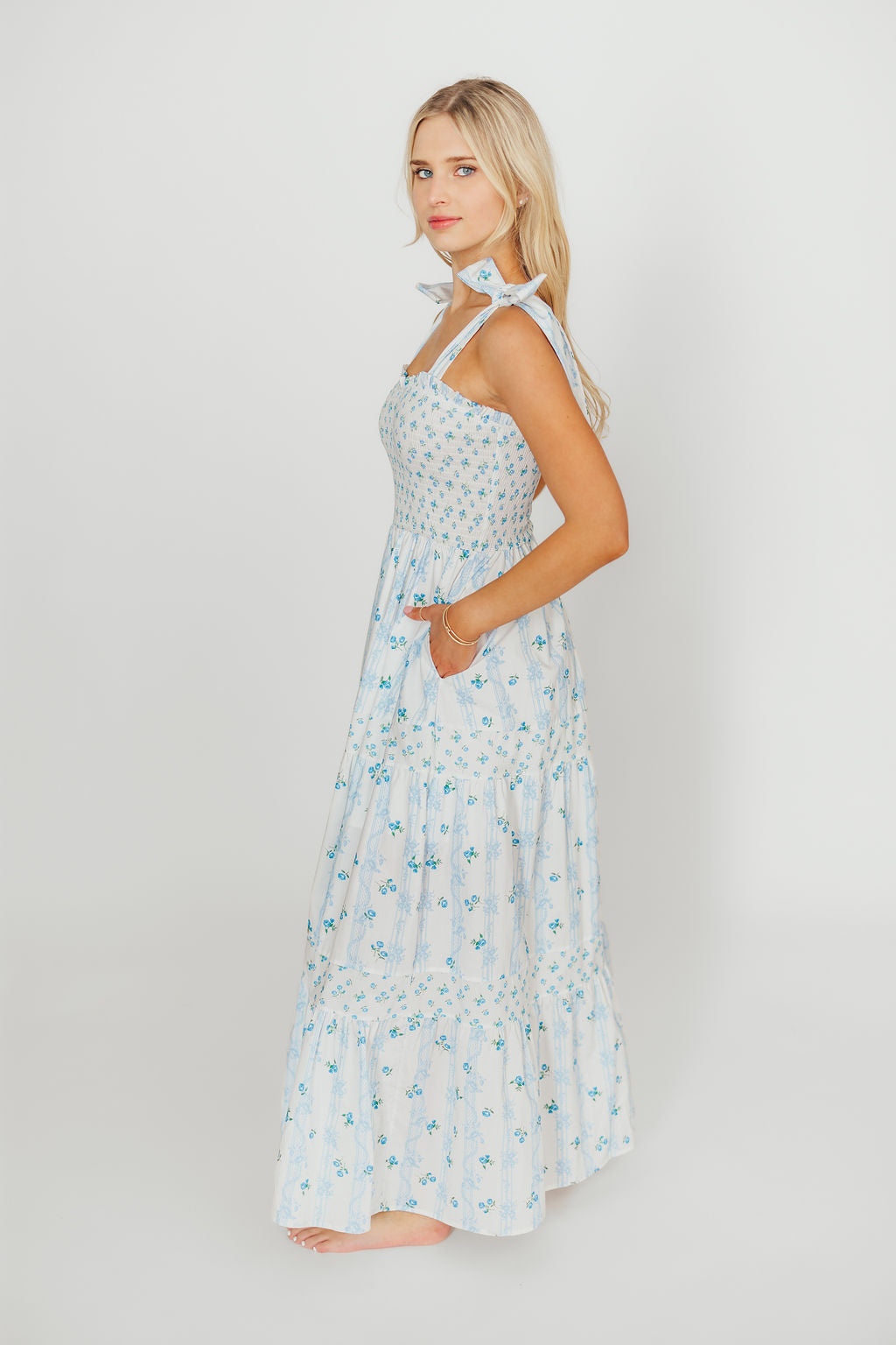 Kathryn Tie Shoulder Maxi Dress in Ivory/Blue Floral