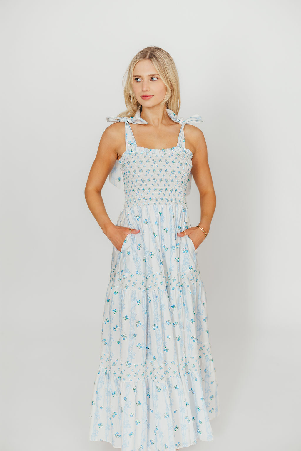 Kathryn Tie Shoulder Maxi Dress in Ivory/Blue Floral