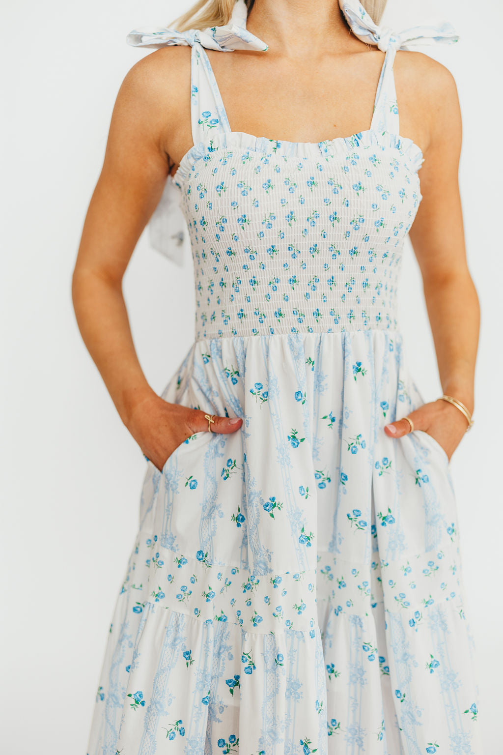 Kathryn Tie Shoulder Maxi Dress in Ivory/Blue Floral