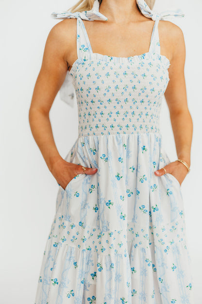 Kathryn Tie Shoulder Maxi Dress in Ivory/Blue Floral