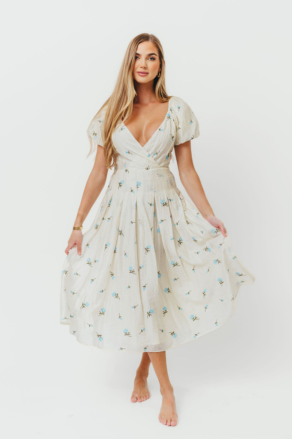 Meadow Floral Midi Dress in Ivory/Blue
