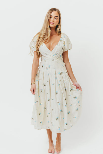 Meadow Floral Midi Dress in Ivory/Blue