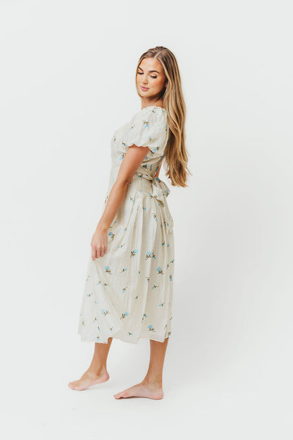 Meadow Floral Midi Dress in Ivory/Blue