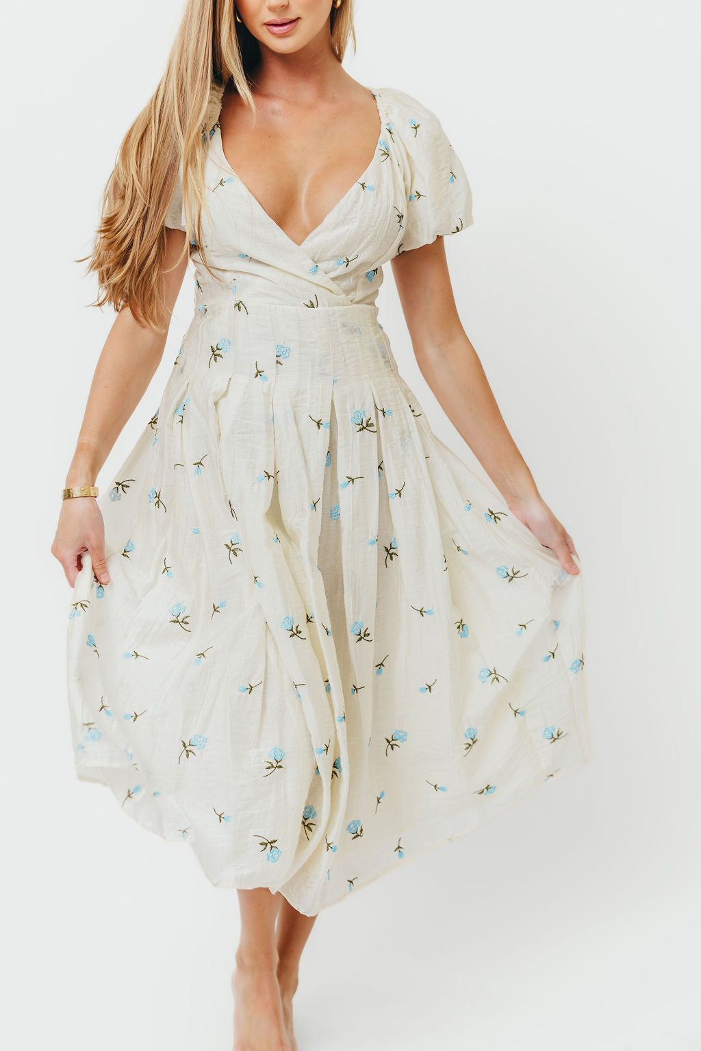 Meadow Floral Midi Dress in Ivory/Blue