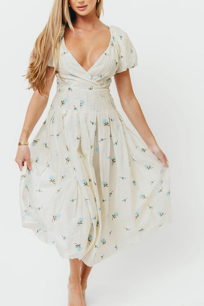Meadow Floral Midi Dress in Ivory/Blue