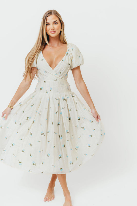 Meadow Floral Midi Dress in Ivory/Blue