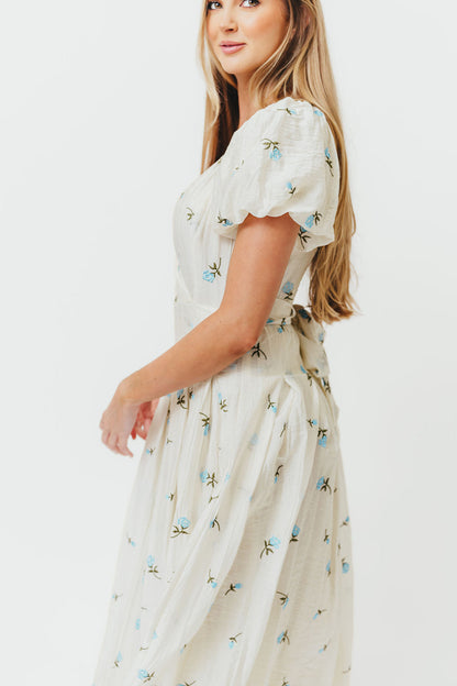 Meadow Floral Midi Dress in Ivory/Blue