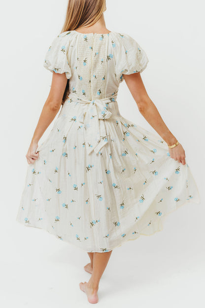 Meadow Floral Midi Dress in Ivory/Blue