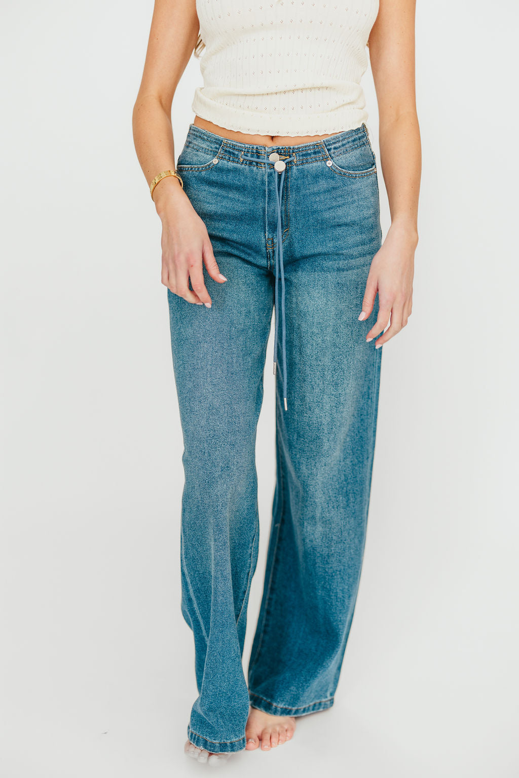 Jade Drawstring Wide Leg Jean in Baltic
