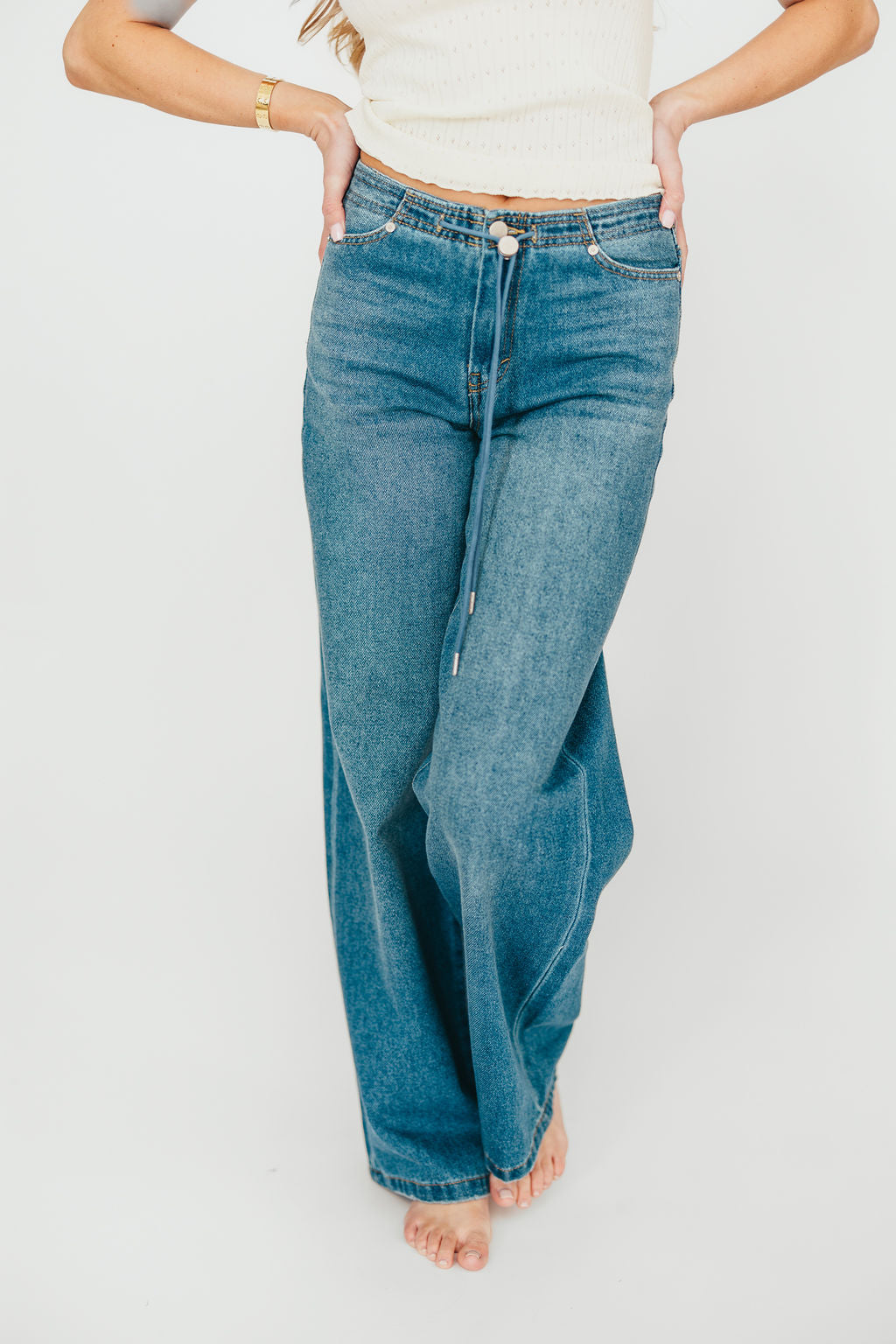 Jade Drawstring Wide Leg Jean in Baltic