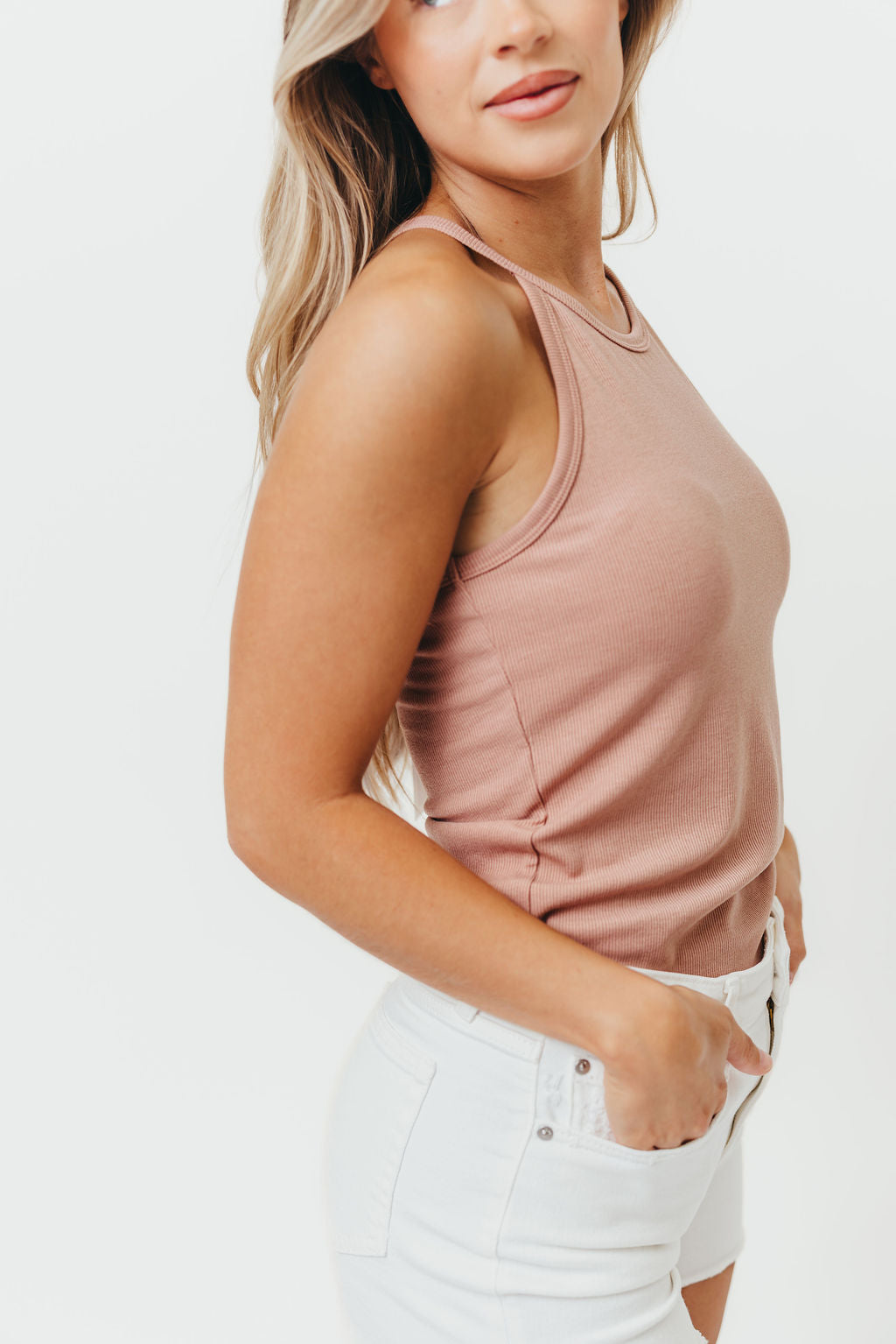 Kenni Ribbed Knit Fitted Tank Top with Rounded Hem in Ginger